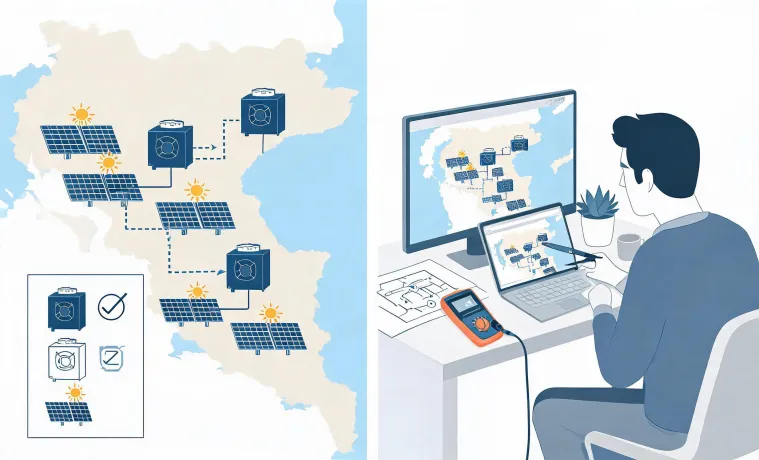 Renewable energy project support map and solar-inverter planning desk